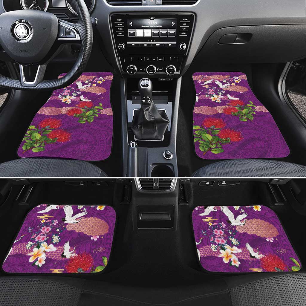Hawaiian and Japanese Culture Together Car Mats Purple Ohia Lehua Plumeria and Sakura Blooming - Polynesian Pride