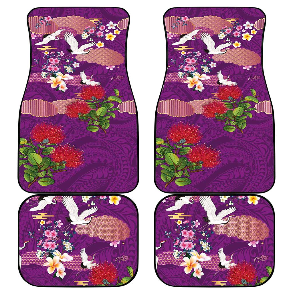 Hawaiian and Japanese Culture Together Car Mats Purple Ohia Lehua Plumeria and Sakura Blooming - Polynesian Pride
