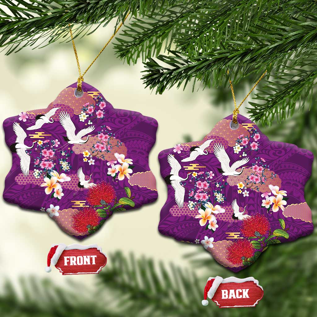 Hawaiian and Japanese Culture Together Ceramic Ornament Purple Ohia Lehua Plumeria and Sakura Blooming - Polynesian Pride