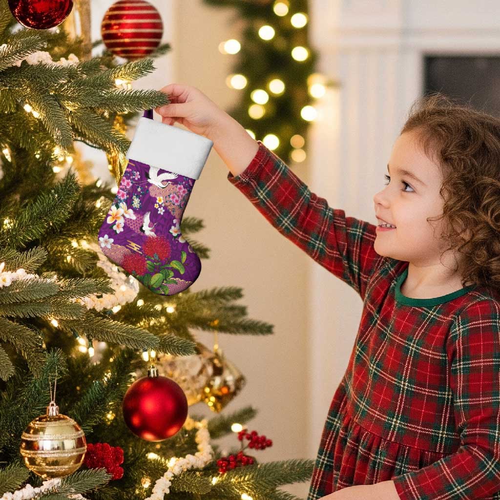 Hawaiian and Japanese Culture Together Christmas Stocking Purple Ohia Lehua Plumeria and Sakura Blooming - Polynesian Pride