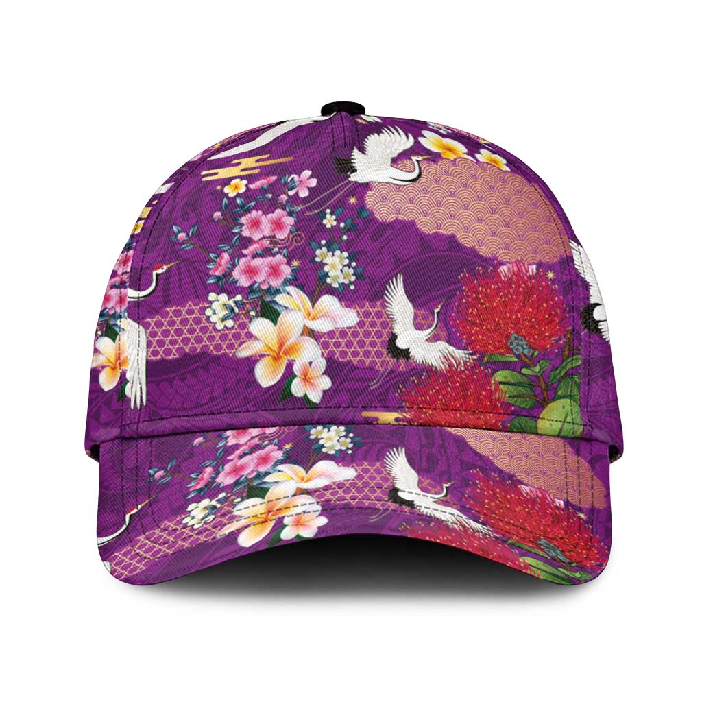 Hawaiian and Japanese Culture Together Classic Cap Purple Ohia Lehua Plumeria and Sakura Blooming - Polynesian Pride