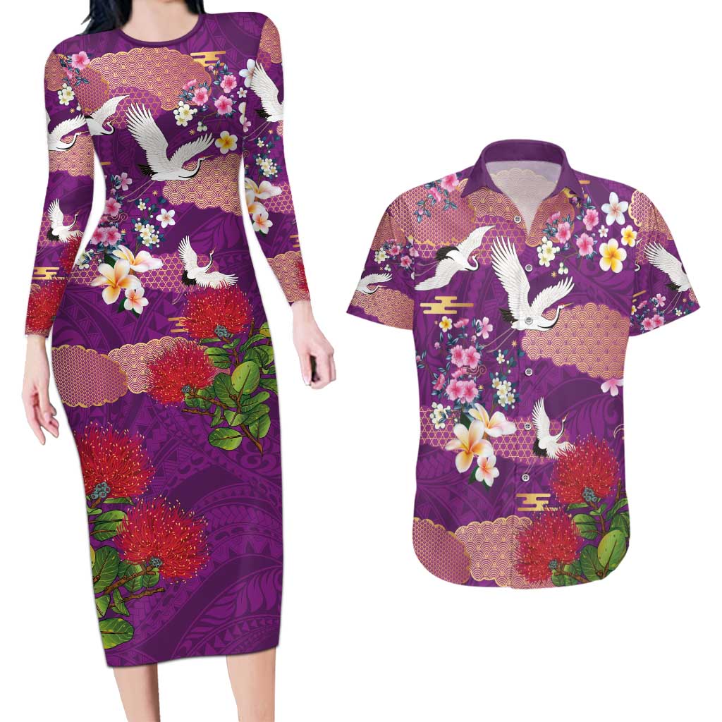 Hawaiian and Japanese Culture Together Couples Matching Long Sleeve Bodycon Dress and Hawaiian Shirt Purple Ohia Lehua Plumeria and Sakura Blooming - Polynesian Pride