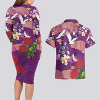 Hawaiian and Japanese Culture Together Couples Matching Long Sleeve Bodycon Dress and Hawaiian Shirt Purple Ohia Lehua Plumeria and Sakura Blooming - Polynesian Pride