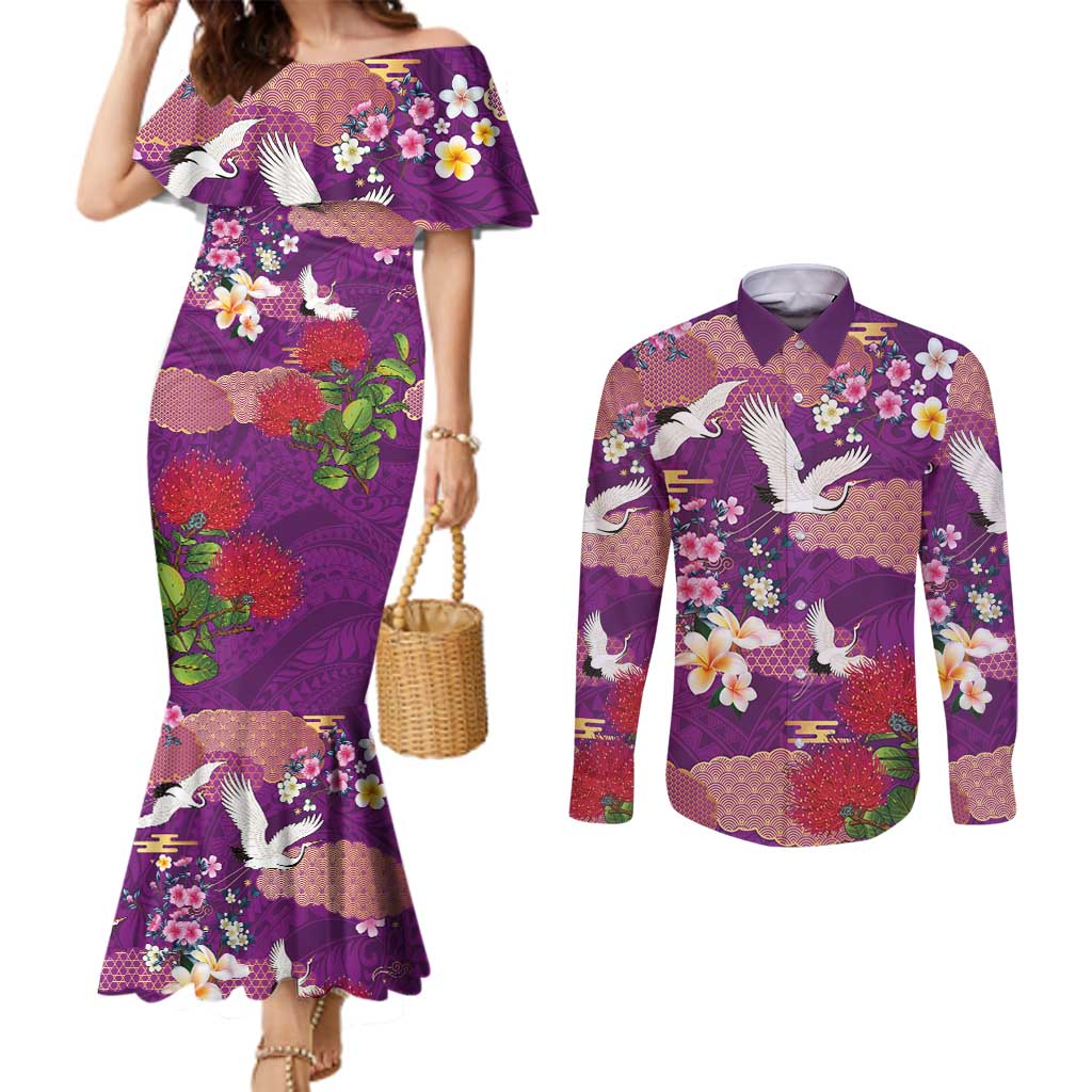 Hawaiian and Japanese Culture Together Couples Matching Mermaid Dress and Long Sleeve Button Shirt Purple Ohia Lehua Plumeria and Sakura Blooming - Polynesian Pride