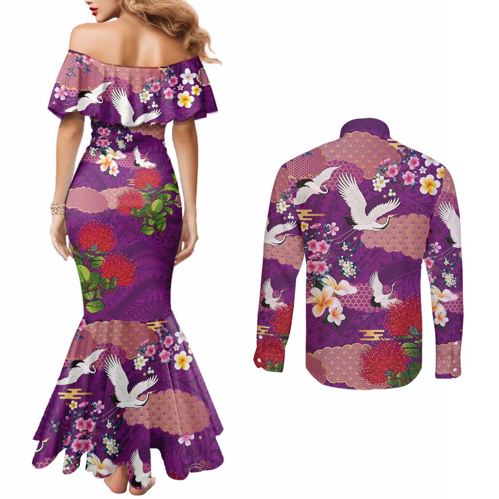 Hawaiian and Japanese Culture Together Couples Matching Mermaid Dress and Long Sleeve Button Shirt Purple Ohia Lehua Plumeria and Sakura Blooming - Polynesian Pride