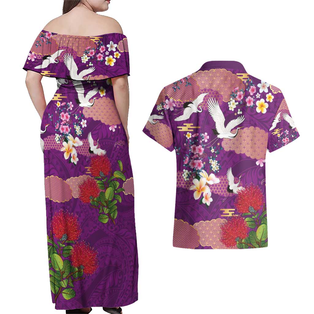 Hawaiian and Japanese Culture Together Couples Matching Off Shoulder Maxi Dress and Hawaiian Shirt Purple Ohia Lehua Plumeria and Sakura Blooming - Polynesian Pride