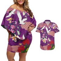 Hawaiian and Japanese Culture Together Couples Matching Off Shoulder Short Dress and Hawaiian Shirt Purple Ohia Lehua Plumeria and Sakura Blooming - Polynesian Pride