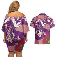 Hawaiian and Japanese Culture Together Couples Matching Off Shoulder Short Dress and Hawaiian Shirt Purple Ohia Lehua Plumeria and Sakura Blooming - Polynesian Pride