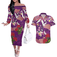 Hawaiian and Japanese Culture Together Couples Matching Off The Shoulder Long Sleeve Dress and Hawaiian Shirt Purple Ohia Lehua Plumeria and Sakura Blooming - Polynesian Pride