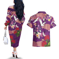 Hawaiian and Japanese Culture Together Couples Matching Off The Shoulder Long Sleeve Dress and Hawaiian Shirt Purple Ohia Lehua Plumeria and Sakura Blooming - Polynesian Pride