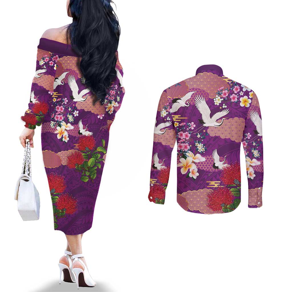 Hawaiian and Japanese Culture Together Couples Matching Off The Shoulder Long Sleeve Dress and Long Sleeve Button Shirt Purple Ohia Lehua Plumeria and Sakura Blooming - Polynesian Pride