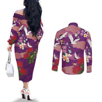 Hawaiian and Japanese Culture Together Couples Matching Off The Shoulder Long Sleeve Dress and Long Sleeve Button Shirt Purple Ohia Lehua Plumeria and Sakura Blooming - Polynesian Pride