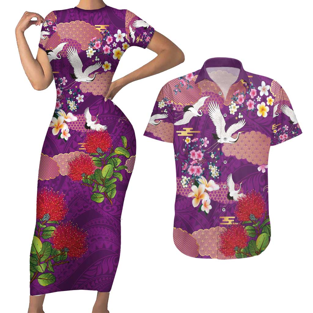 Hawaiian and Japanese Culture Together Couples Matching Short Sleeve Bodycon Dress and Hawaiian Shirt Purple Ohia Lehua Plumeria and Sakura Blooming - Polynesian Pride