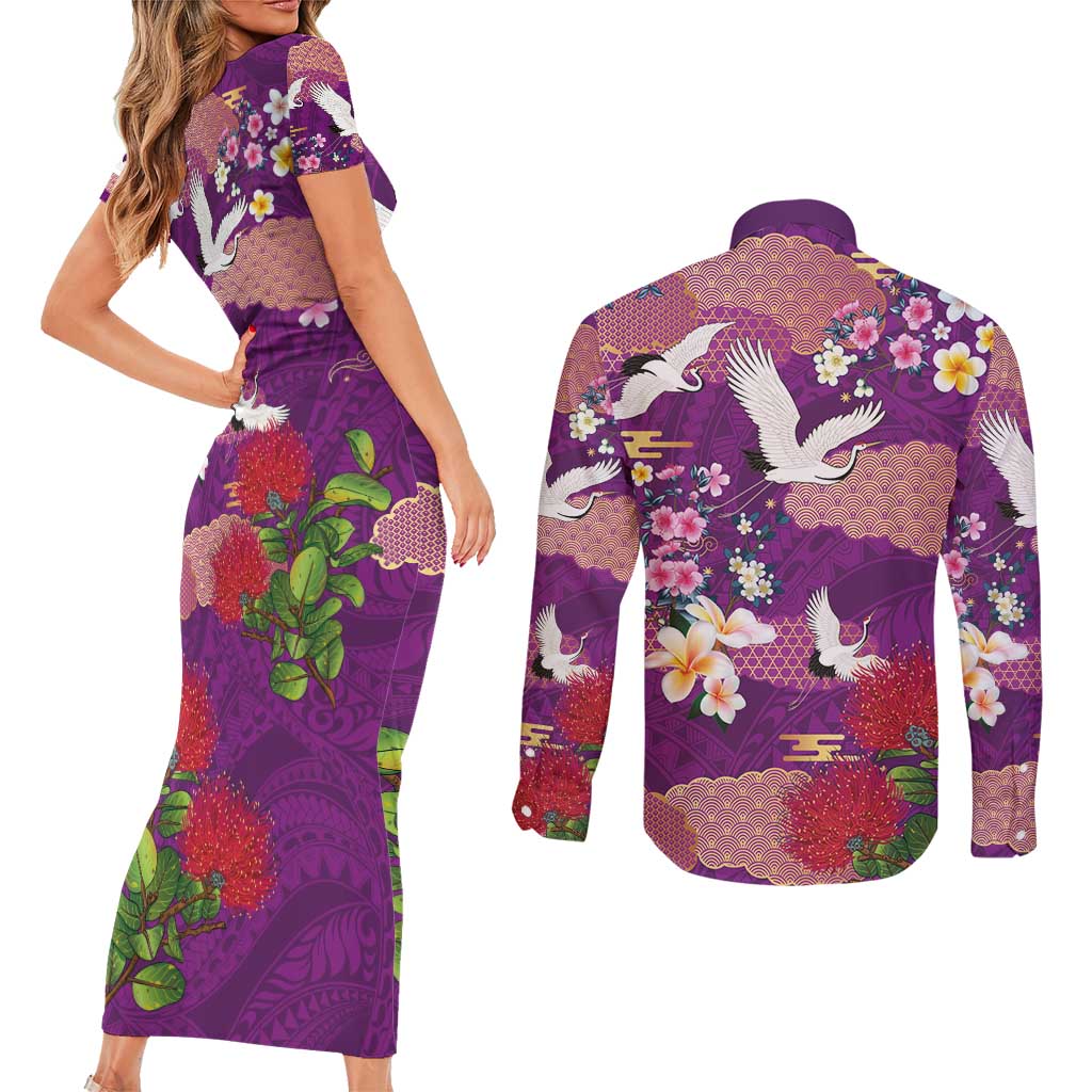 Hawaiian and Japanese Culture Together Couples Matching Short Sleeve Bodycon Dress and Long Sleeve Button Shirt Purple Ohia Lehua Plumeria and Sakura Blooming - Polynesian Pride