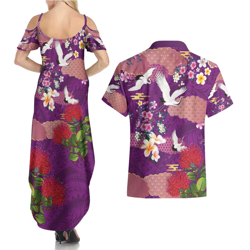 Hawaiian and Japanese Culture Together Couples Matching Summer Maxi Dress and Hawaiian Shirt Purple Ohia Lehua Plumeria and Sakura Blooming - Polynesian Pride