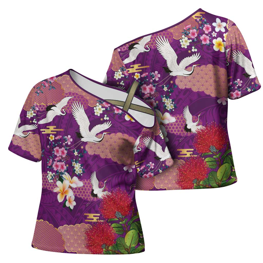 Hawaiian and Japanese Culture Together Cross Shoulder Shirt Purple Ohia Lehua Plumeria and Sakura Blooming - Polynesian Pride