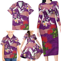 Hawaiian and Japanese Culture Together Family Matching Long Sleeve Bodycon Dress and Hawaiian Shirt Purple Ohia Lehua Plumeria and Sakura Blooming - Polynesian Pride