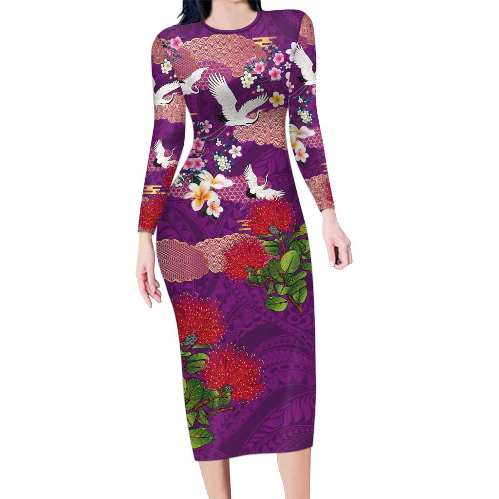 Hawaiian and Japanese Culture Together Family Matching Long Sleeve Bodycon Dress and Hawaiian Shirt Purple Ohia Lehua Plumeria and Sakura Blooming - Polynesian Pride