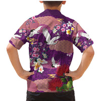Hawaiian and Japanese Culture Together Family Matching Mermaid Dress and Hawaiian Shirt Purple Ohia Lehua Plumeria and Sakura Blooming - Polynesian Pride