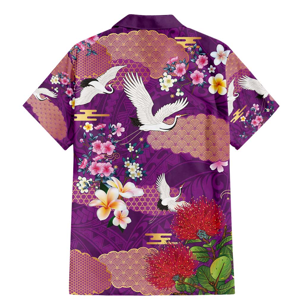 Hawaiian and Japanese Culture Together Family Matching Mermaid Dress and Hawaiian Shirt Purple Ohia Lehua Plumeria and Sakura Blooming - Polynesian Pride