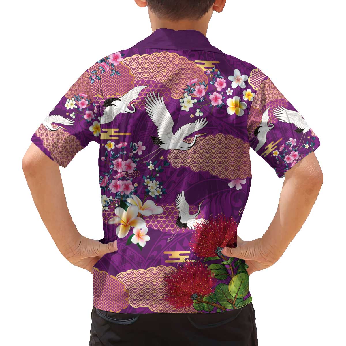 Hawaiian and Japanese Culture Together Family Matching Off The Shoulder Long Sleeve Dress and Hawaiian Shirt Purple Ohia Lehua Plumeria and Sakura Blooming - Polynesian Pride