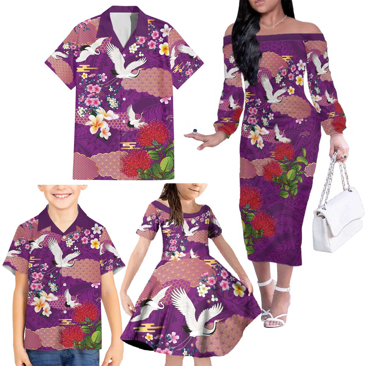 Hawaiian and Japanese Culture Together Family Matching Off The Shoulder Long Sleeve Dress and Hawaiian Shirt Purple Ohia Lehua Plumeria and Sakura Blooming - Polynesian Pride