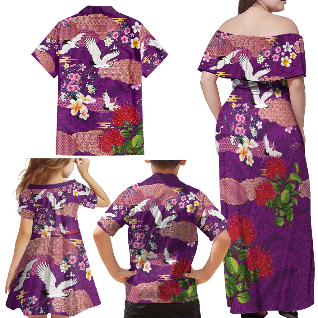 Hawaiian and Japanese Culture Together Family Matching Off Shoulder Maxi Dress and Hawaiian Shirt Purple Ohia Lehua Plumeria and Sakura Blooming - Polynesian Pride