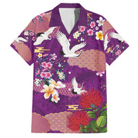 Hawaiian and Japanese Culture Together Family Matching Off Shoulder Short Dress and Hawaiian Shirt Purple Ohia Lehua Plumeria and Sakura Blooming - Polynesian Pride