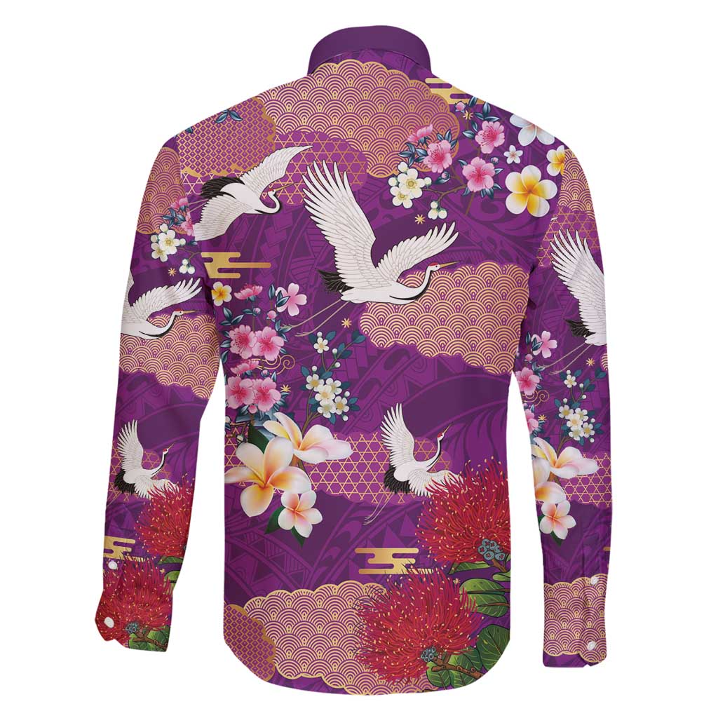 Hawaiian and Japanese Culture Together Family Matching Off Shoulder Short Dress and Hawaiian Shirt Purple Ohia Lehua Plumeria and Sakura Blooming - Polynesian Pride