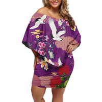 Hawaiian and Japanese Culture Together Family Matching Off Shoulder Short Dress and Hawaiian Shirt Purple Ohia Lehua Plumeria and Sakura Blooming - Polynesian Pride