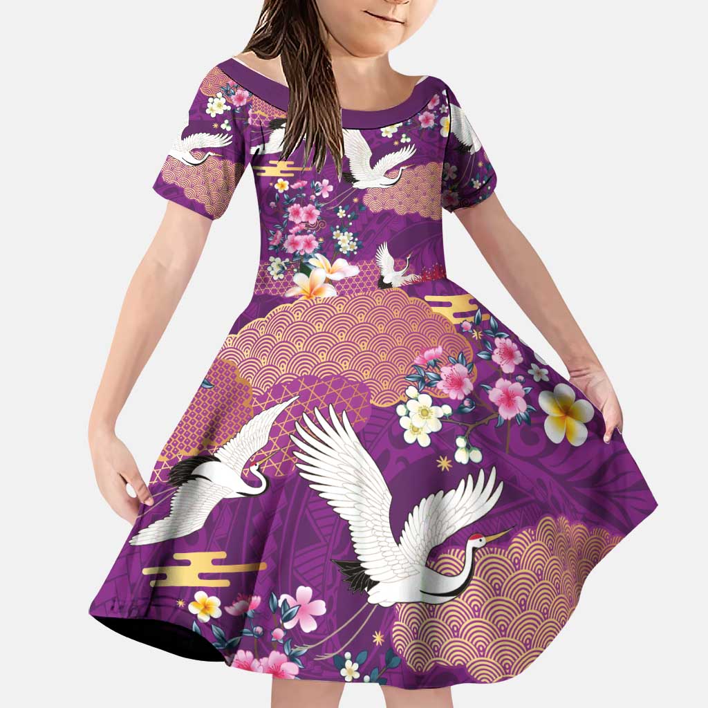 Hawaiian and Japanese Culture Together Family Matching Puletasi and Hawaiian Shirt Purple Ohia Lehua Plumeria and Sakura Blooming LT03 Daughter's Dress Purple - Polynesian Pride