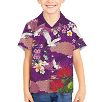 Hawaiian and Japanese Culture Together Family Matching Puletasi and Hawaiian Shirt Purple Ohia Lehua Plumeria and Sakura Blooming LT03 Son's Shirt Purple - Polynesian Pride