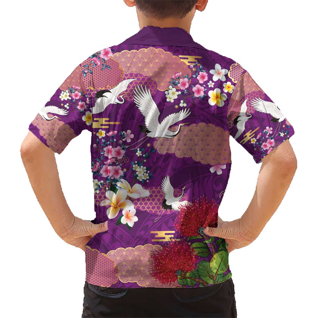 Hawaiian and Japanese Culture Together Family Matching Short Sleeve Bodycon Dress and Hawaiian Shirt Purple Ohia Lehua Plumeria and Sakura Blooming - Polynesian Pride