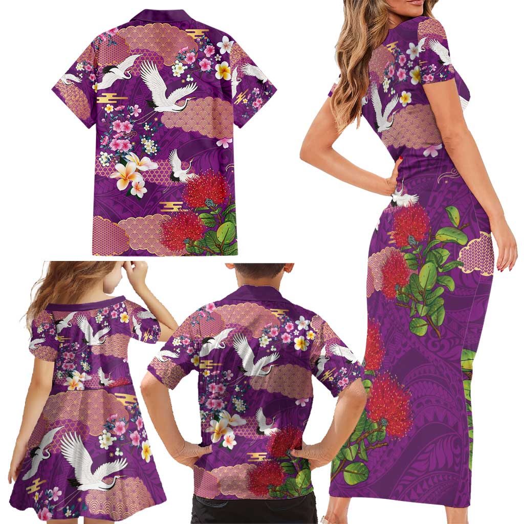 Hawaiian and Japanese Culture Together Family Matching Short Sleeve Bodycon Dress and Hawaiian Shirt Purple Ohia Lehua Plumeria and Sakura Blooming - Polynesian Pride