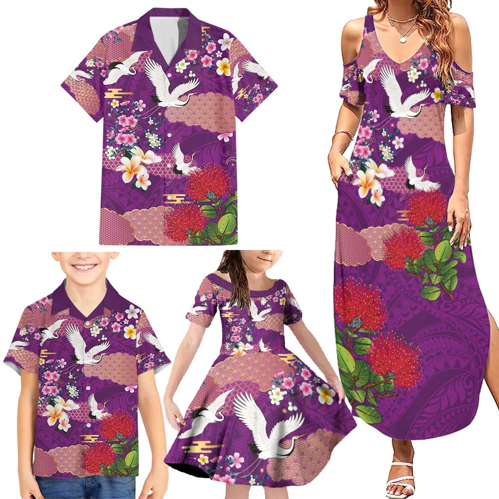 Hawaiian and Japanese Culture Together Family Matching Summer Maxi Dress and Hawaiian Shirt Purple Ohia Lehua Plumeria and Sakura Blooming - Polynesian Pride