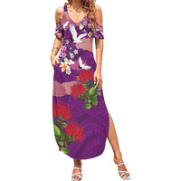 Hawaiian and Japanese Culture Together Family Matching Summer Maxi Dress and Hawaiian Shirt Purple Ohia Lehua Plumeria and Sakura Blooming - Polynesian Pride