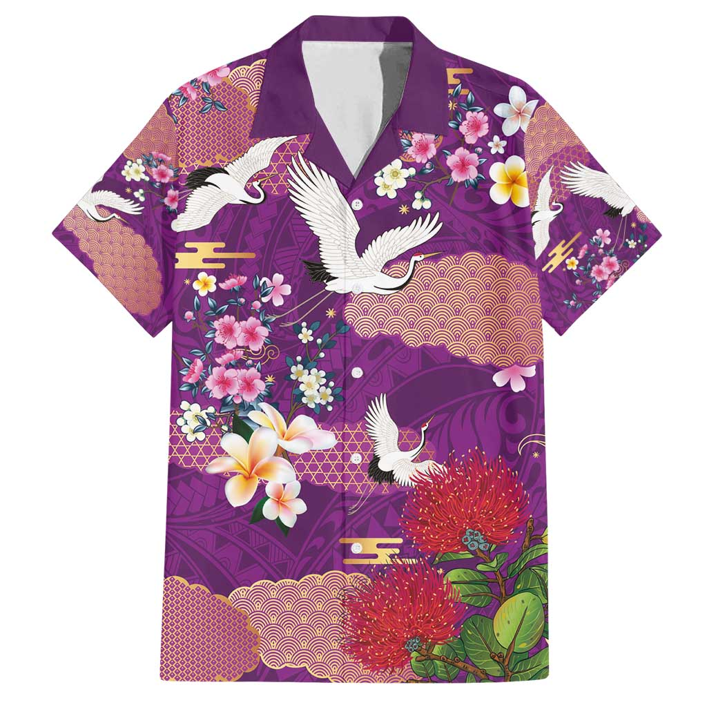 Hawaiian and Japanese Culture Together Family Matching Tank Maxi Dress and Hawaiian Shirt Purple Ohia Lehua Plumeria and Sakura Blooming - Polynesian Pride
