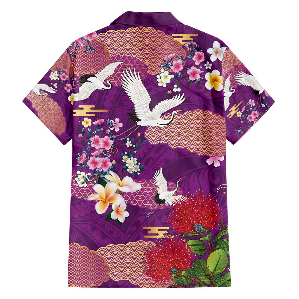 Hawaiian and Japanese Culture Together Family Matching Tank Maxi Dress and Hawaiian Shirt Purple Ohia Lehua Plumeria and Sakura Blooming - Polynesian Pride