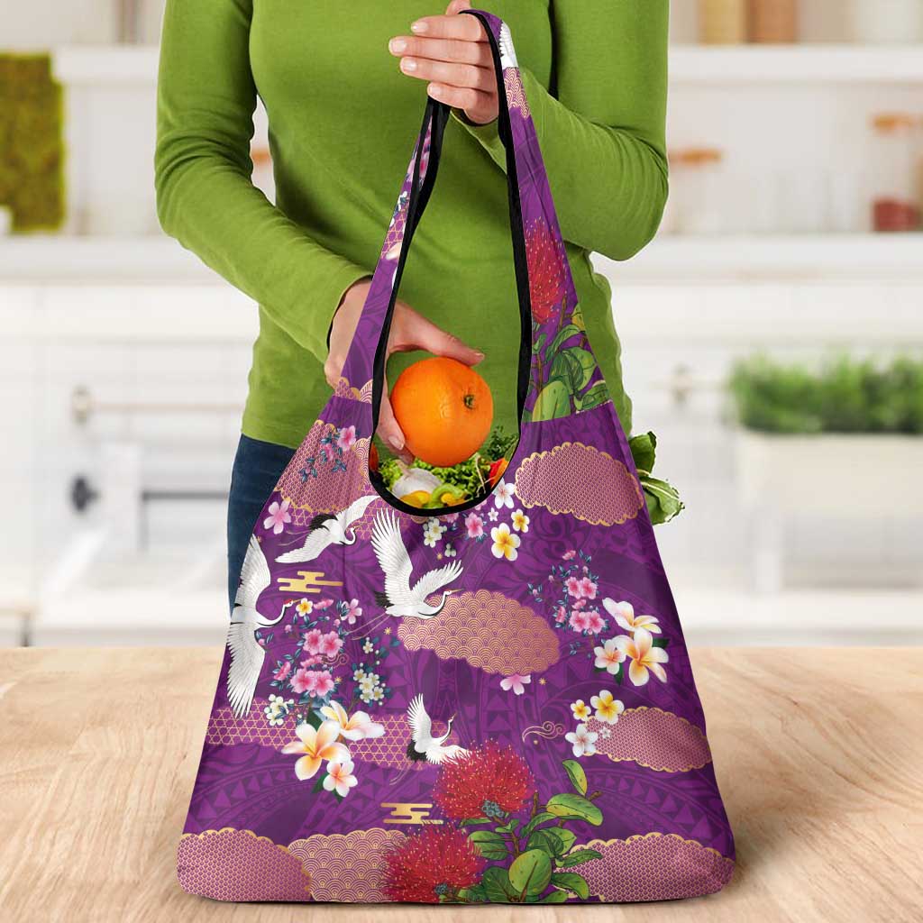 Hawaiian and Japanese Culture Together Grocery Bag Purple Ohia Lehua Plumeria and Sakura Blooming - Polynesian Pride