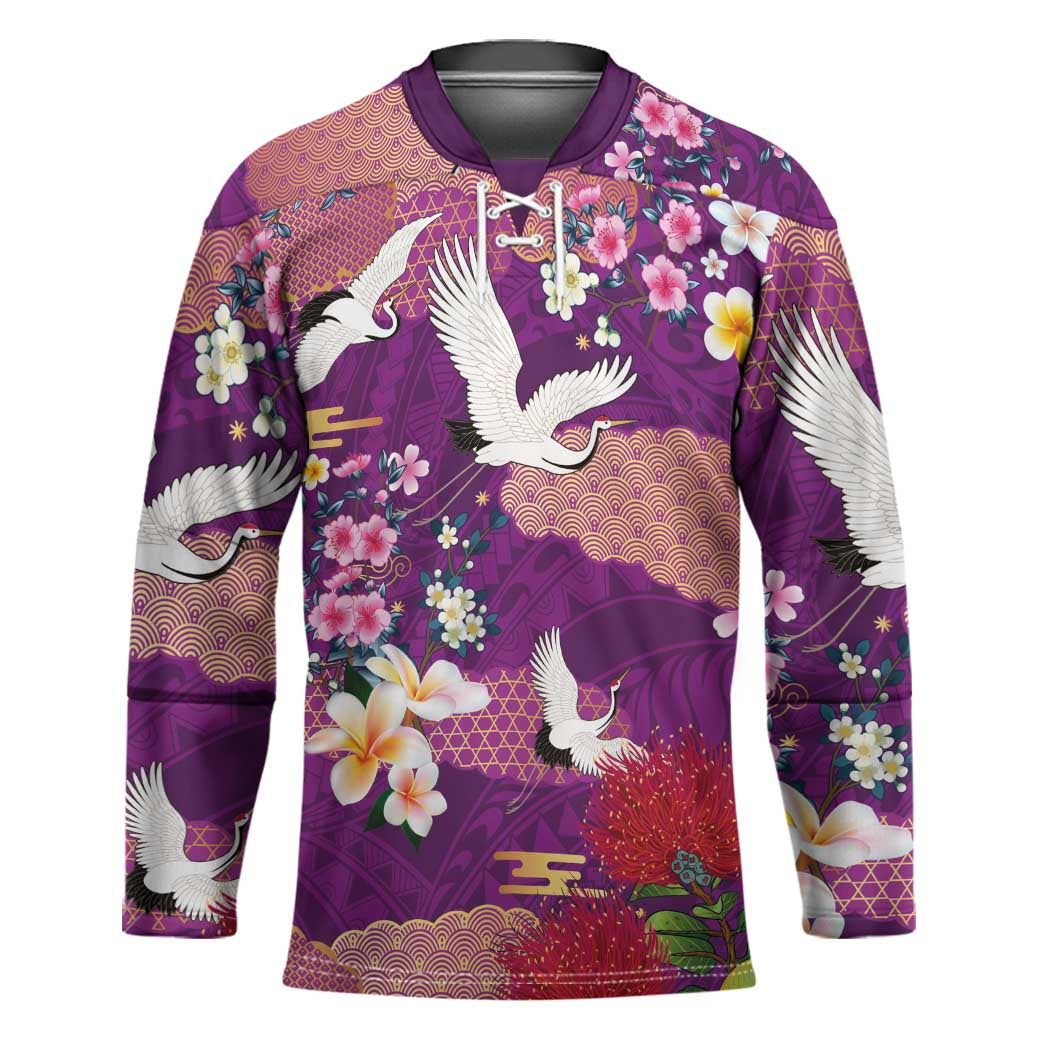 Hawaiian and Japanese Culture Together Hockey Jersey Purple Ohia Lehua Plumeria and Sakura Blooming LT03 Unisex Purple - Polynesian Pride