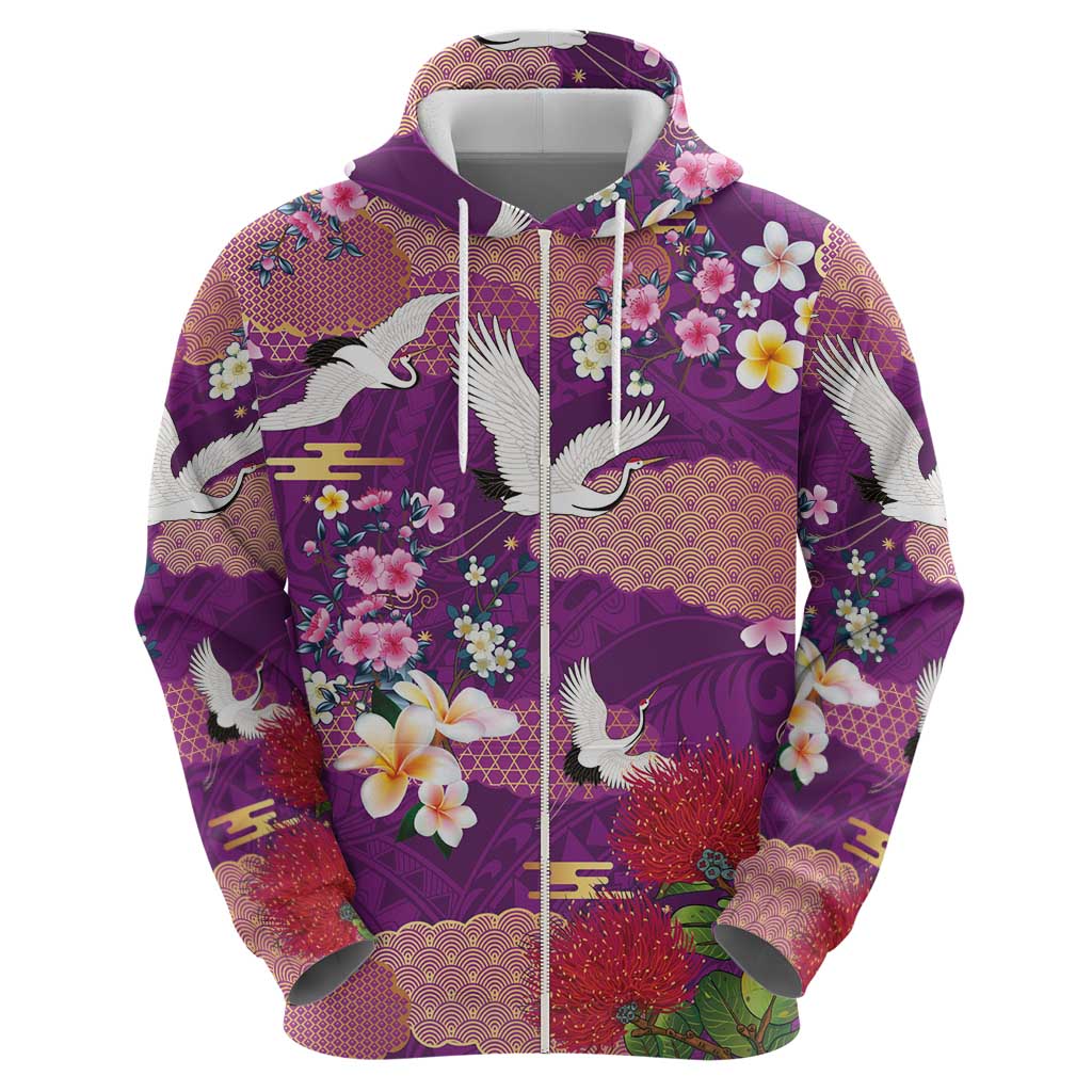 Hawaiian and Japanese Culture Together Hoodie Purple Ohia Lehua Plumeria and Sakura Blooming - Polynesian Pride