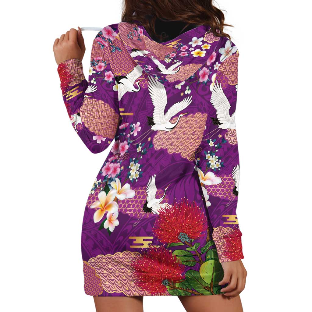 Hawaiian and Japanese Culture Together Hoodie Dress Purple Ohia Lehua Plumeria and Sakura Blooming - Polynesian Pride