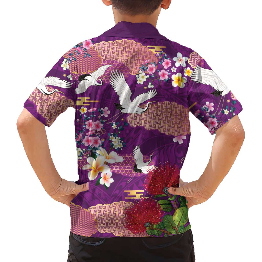 Hawaiian and Japanese Culture Together Kid Hawaiian Shirt Purple Ohia Lehua Plumeria and Sakura Blooming LT03 - Polynesian Pride