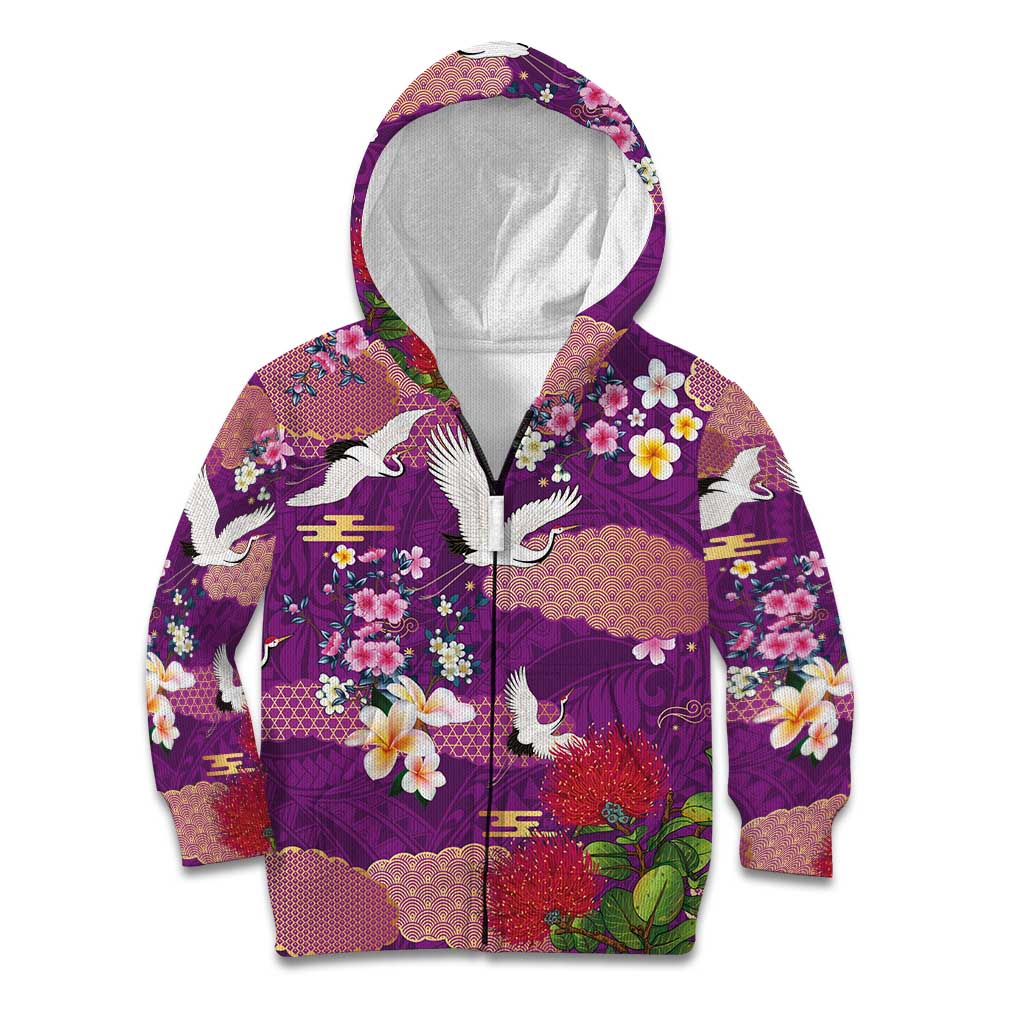 Hawaiian and Japanese Culture Together Kid Hoodie Purple Ohia Lehua Plumeria and Sakura Blooming - Polynesian Pride