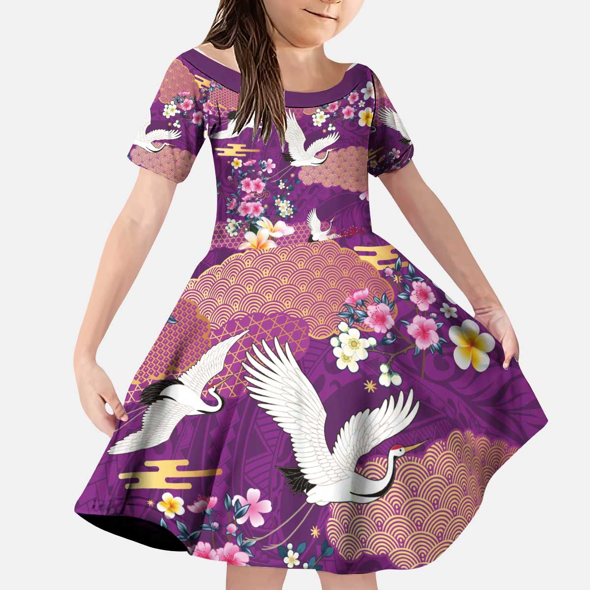 Hawaiian and Japanese Culture Together Kid Short Sleeve Dress Purple Ohia Lehua Plumeria and Sakura Blooming - Polynesian Pride