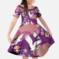 Hawaiian and Japanese Culture Together Kid Short Sleeve Dress Purple Ohia Lehua Plumeria and Sakura Blooming - Polynesian Pride
