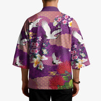 Hawaiian and Japanese Culture Together Kimono Purple Ohia Lehua Plumeria and Sakura Blooming - Polynesian Pride