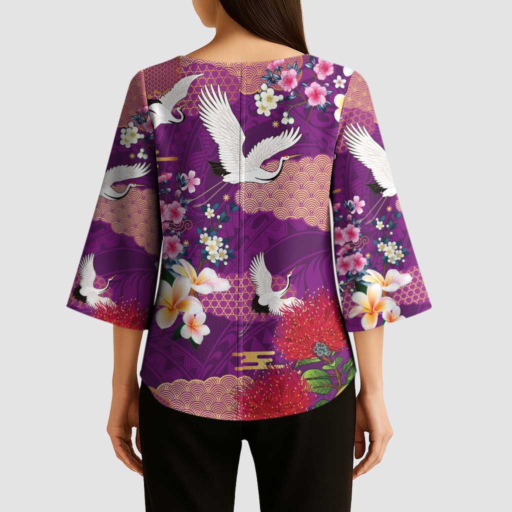 Hawaiian and Japanese Culture Together Kimono Sleeve Blouse Purple Ohia Lehua Plumeria and Sakura Blooming - Polynesian Pride