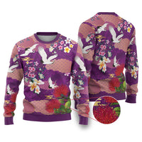 Hawaiian and Japanese Culture Together Ugly Christmas Sweater Purple Ohia Lehua Plumeria and Sakura Blooming - Polynesian Pride