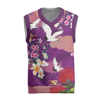 Hawaiian and Japanese Culture Together Christmas Knitted V-Neck Vest Purple Ohia Lehua Plumeria and Sakura Blooming - Polynesian Pride